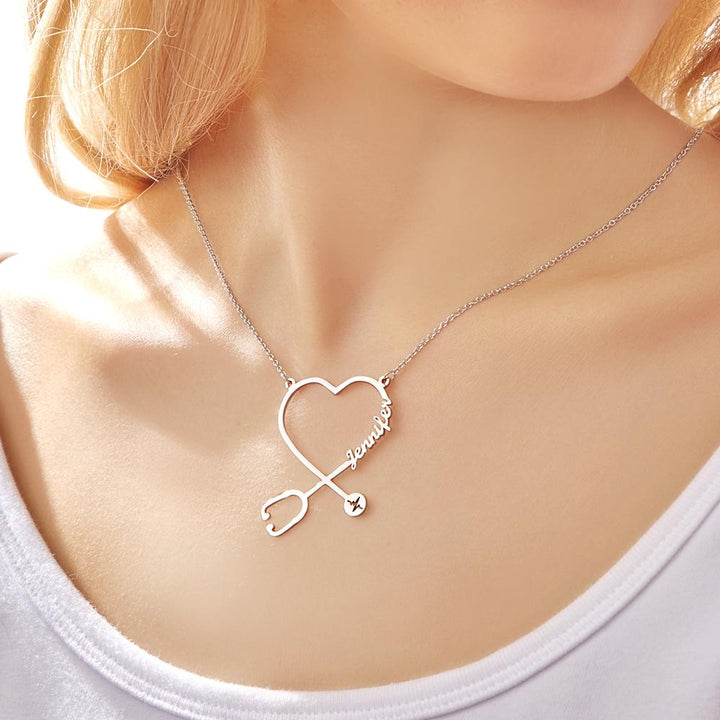 Cissyia.com Rose Gold Plated Heart and Stethoscope Name Cut-Out Name Necklace
