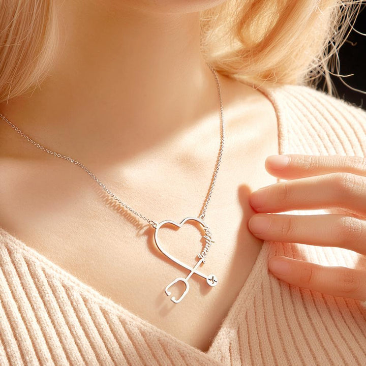 Cissyia.com Rose Gold Plated Heart and Stethoscope Name Cut-Out Name Necklace
