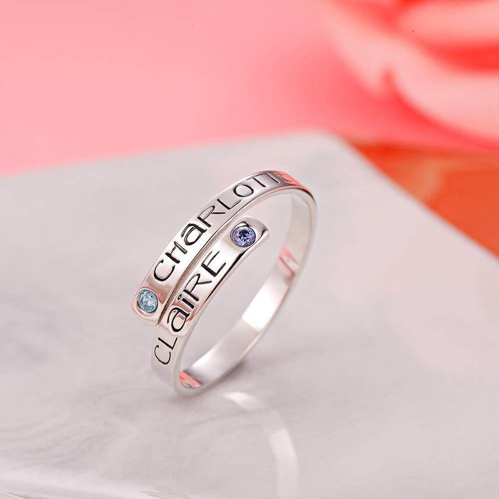 Cissyia.com Platinum Plated Personalized Two Birthstones Engravable Bypass Ring