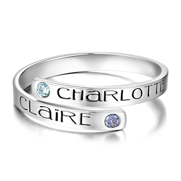 Cissyia.com Platinum Plated Personalized Two Birthstones Engravable Bypass Ring