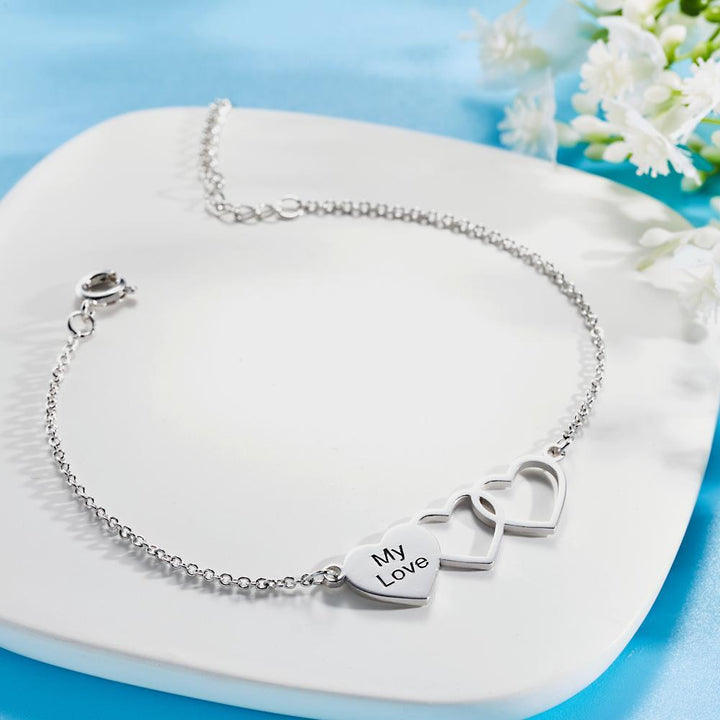 Cissyia.com Personalized Two Heart Cut-Outs and Heart Charm Engraved Bracelet