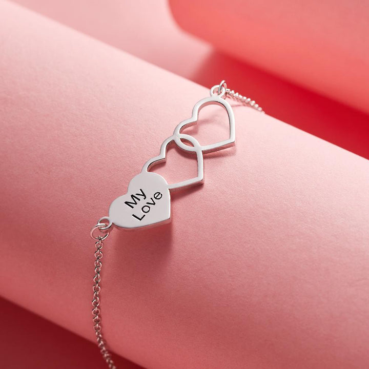 Cissyia.com Personalized Two Heart Cut-Outs and Heart Charm Engraved Bracelet