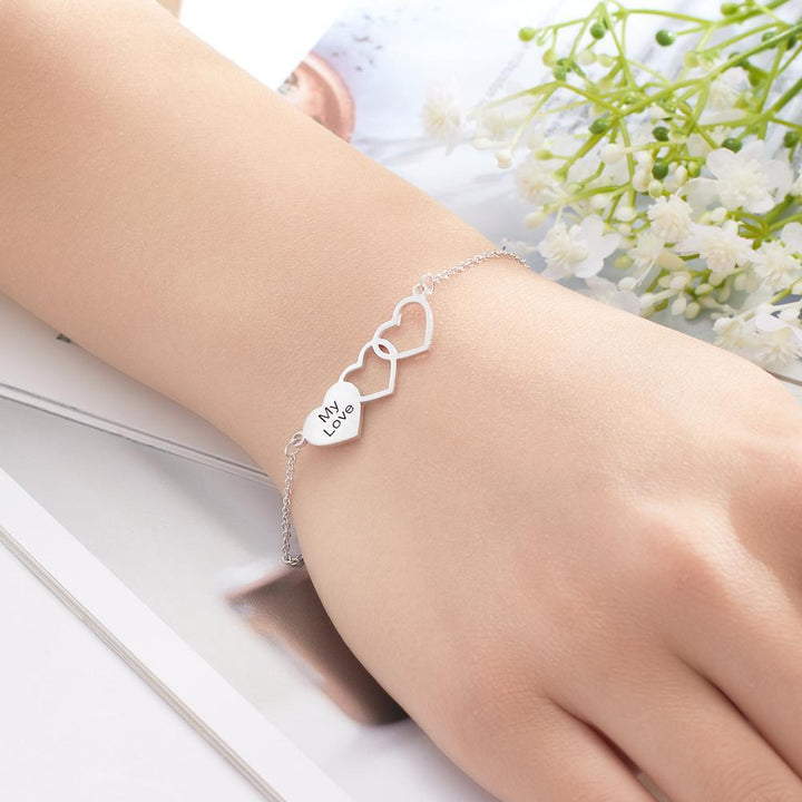 Cissyia.com Personalized Two Heart Cut-Outs and Heart Charm Engraved Bracelet