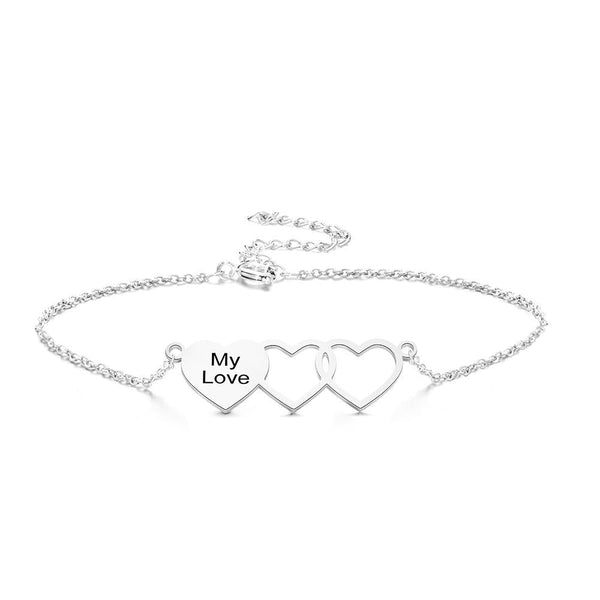 Cissyia.com Personalized Two Heart Cut-Outs and Heart Charm Engraved Bracelet