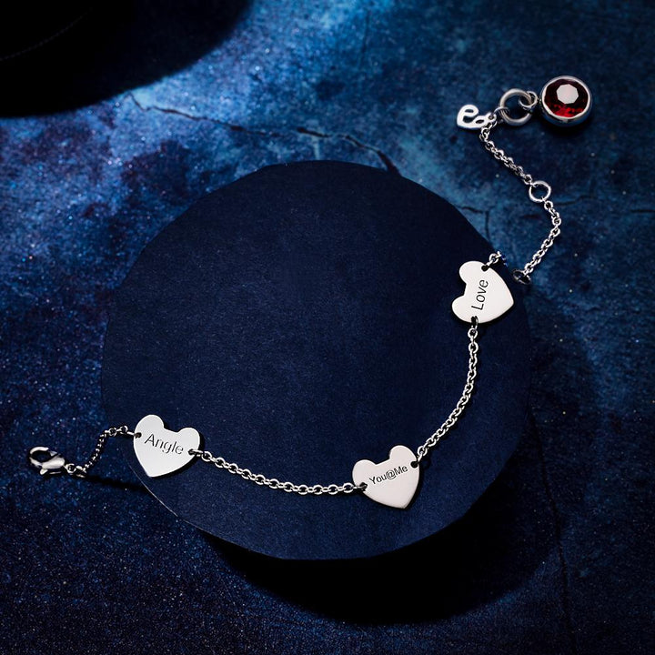Cissyia.com Three Engravable Heart Tags Bolo Bracelet with One birthstone
