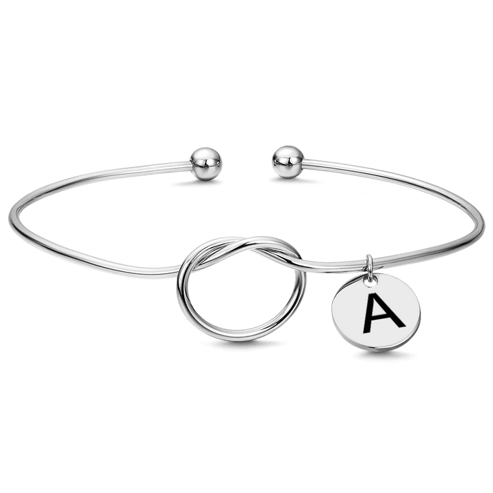 Cissyia.com Platinum Plated Personalized Engravable Disc Charm and Knot Symbol Open Cuff Engraved Bracelet