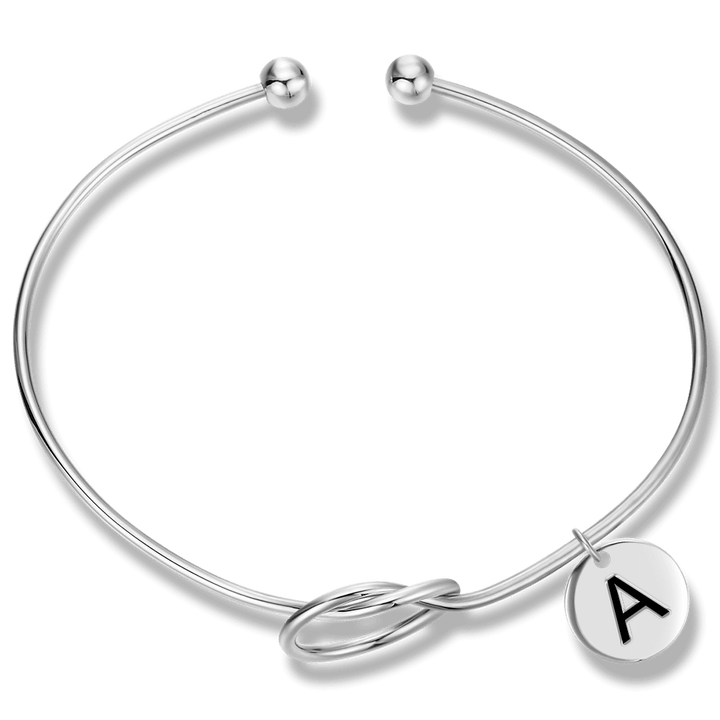 Cissyia.com Platinum Plated Personalized Engravable Disc Charm and Knot Symbol Open Cuff Engraved Bracelet