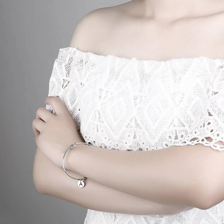 Cissyia.com Platinum Plated Personalized Engravable Disc Charm and Knot Symbol Open Cuff Engraved Bracelet