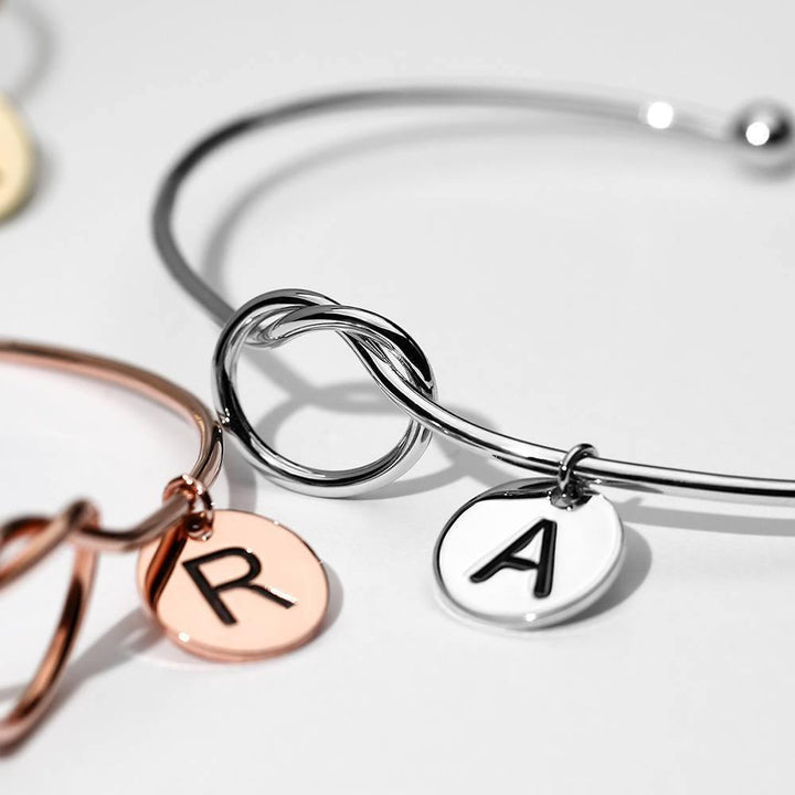 Cissyia.com Platinum Plated Personalized Engravable Disc Charm and Knot Symbol Open Cuff Engraved Bracelet