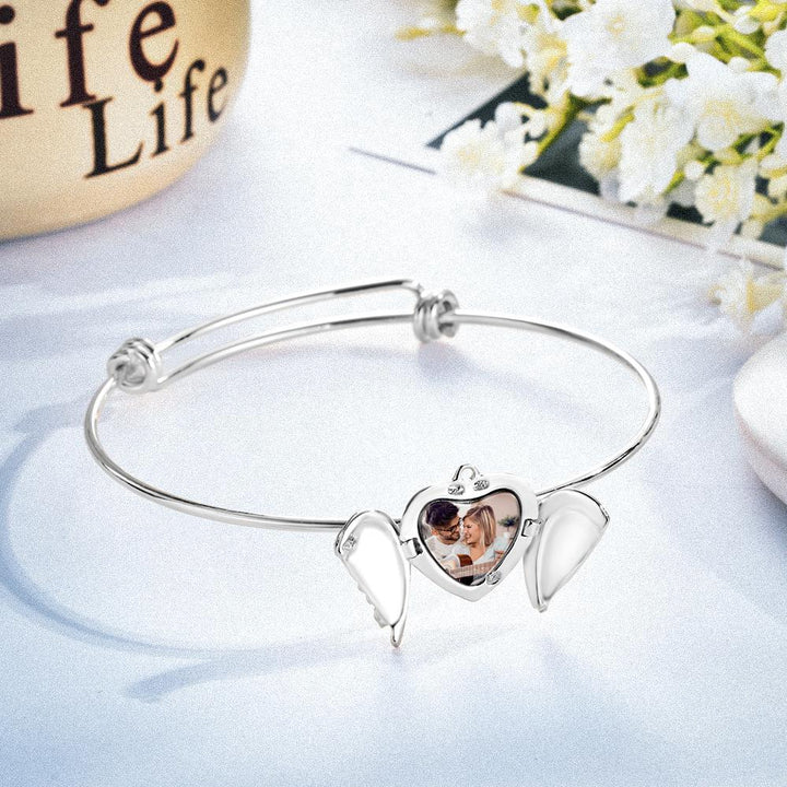 Cissyia.com Personalized Angel Wings Locket Charm Bolo Photo Bracelet in Gold
