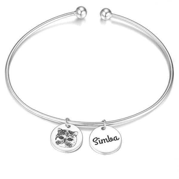 Cissyia.com Silver Plated Personalized Photo Sketch Open Cuff Bracelet with Personalized Disc Charms