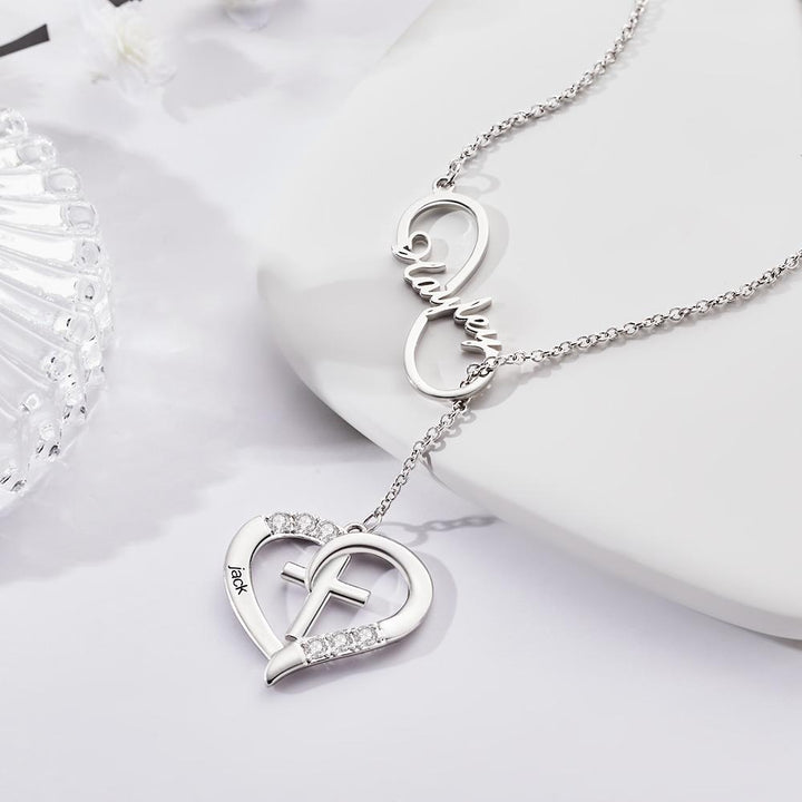 Cissyia.com Rose Gold Plated Gemstones Personalized Infinity Cut-Out and Engravable Heart And Cross Toggle Name Necklace