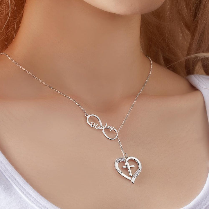 Cissyia.com Rose Gold Plated Gemstones Personalized Infinity Cut-Out and Engravable Heart And Cross Toggle Name Necklace