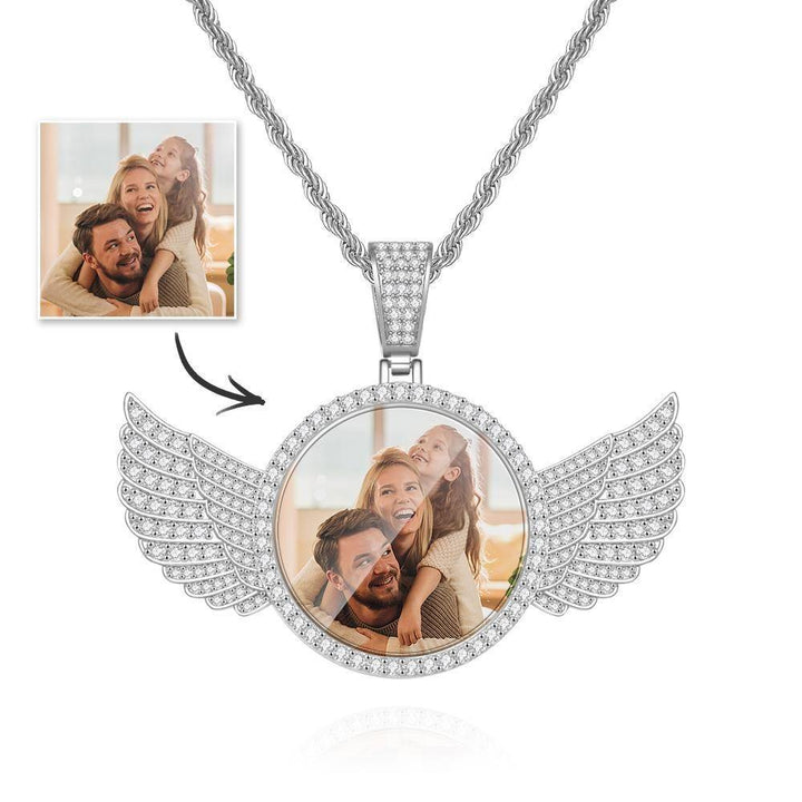 Cissyia.com Zircon Platinum Plated Angel Wings Engraved Photo Necklace