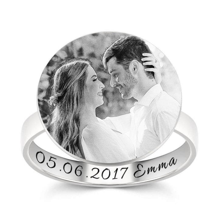 Cissyia.com Sterling Silver Round Shape Engraved Photo Ring, Gift for Her