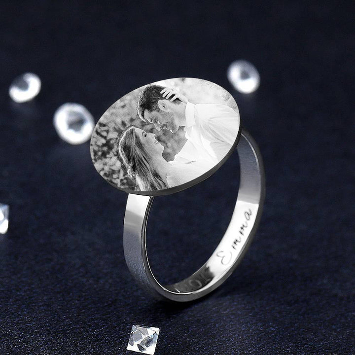 Cissyia.com Sterling Silver Round Shape Engraved Photo Ring, Gift for Her
