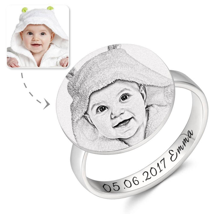 Cissyia.com Sterling Silver Round Shape Engraved Photo Ring for Baby