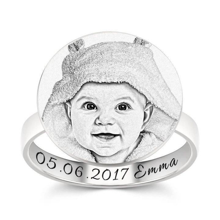 Cissyia.com Sterling Silver Round Shape Engraved Photo Ring for Baby