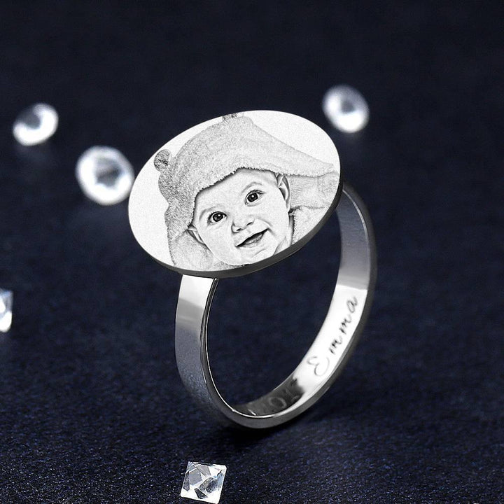 Cissyia.com Sterling Silver Round Shape Engraved Photo Ring for Baby