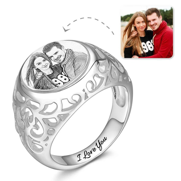 Cissyia.com Sterling Silver Oval Shape Engraved Photo Ring, Gift For friend