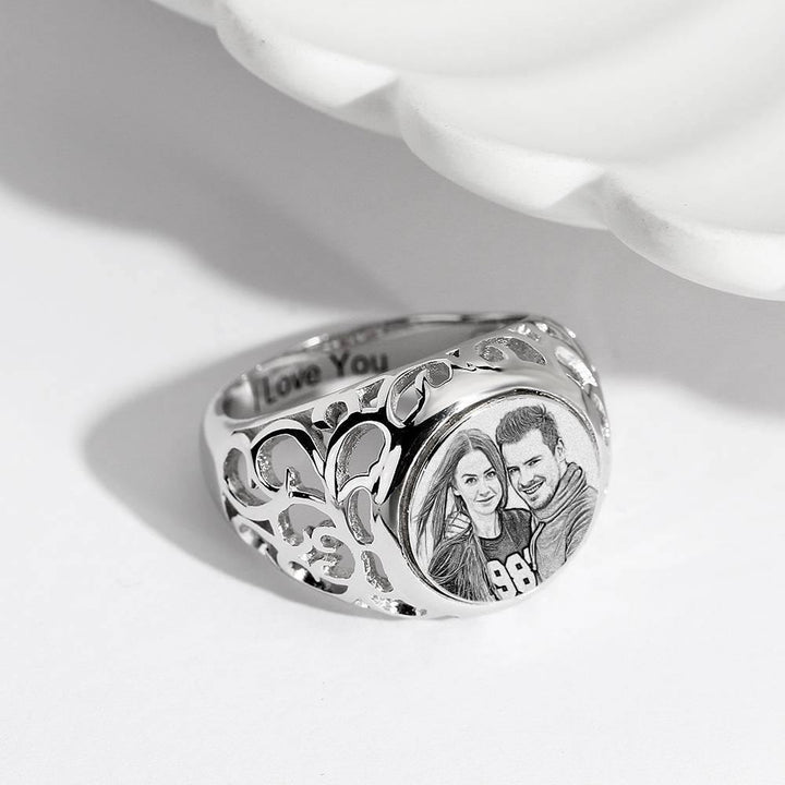 Cissyia.com Sterling Silver Oval Shape Engraved Photo Ring, Gift For friend