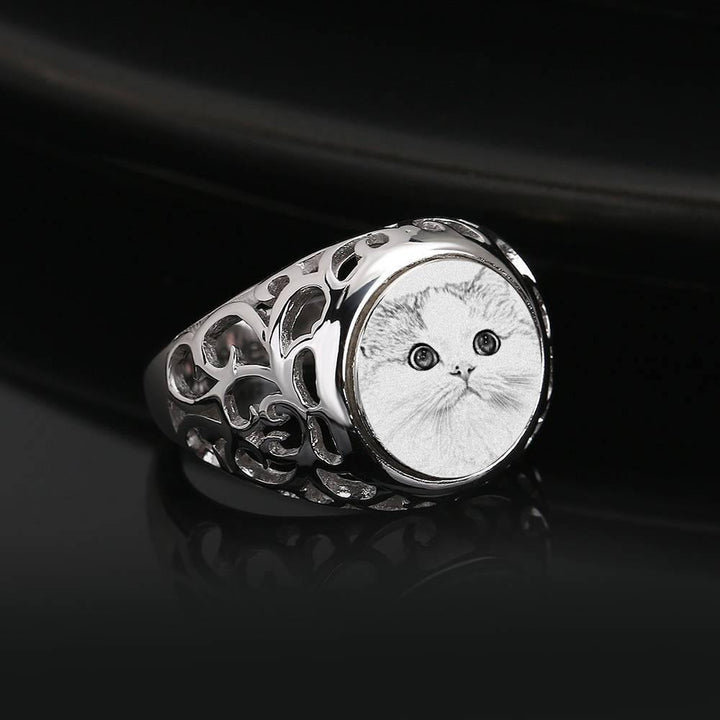 Cissyia.com Sterling silver Round Shape Openwork Engraved Photo Ring for Pet