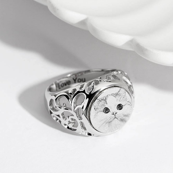 Cissyia.com Sterling silver Round Shape Openwork Engraved Photo Ring for Pet