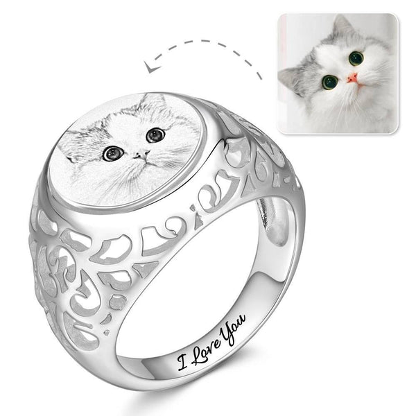 Cissyia.com Sterling silver Round Shape Openwork Engraved Photo Ring for Pet