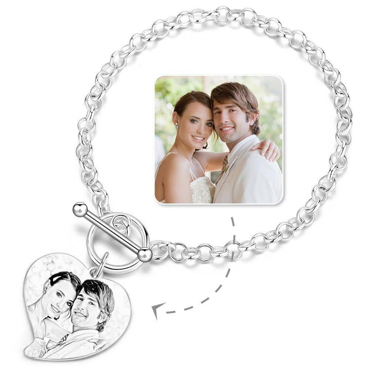 Cissyia.com Women's Heart Engraved Tag Photo Bracelet with Engraving Silver