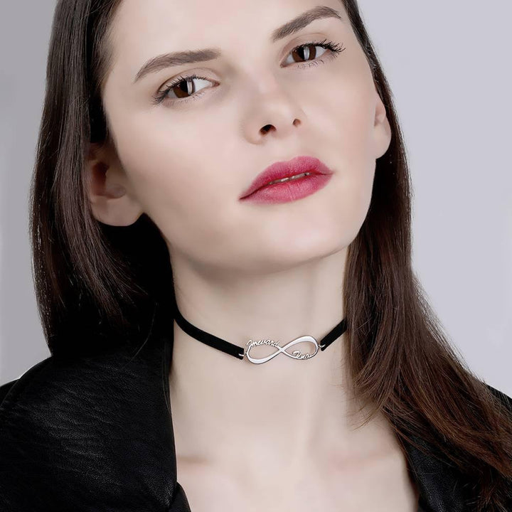 Cissyia.com Black Leather Personalized Infinity Two Names Cut-Out Choker Necklace