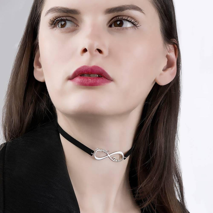 Cissyia.com Black Leather Personalized Infinity Two Names Cut-Out Choker Necklace