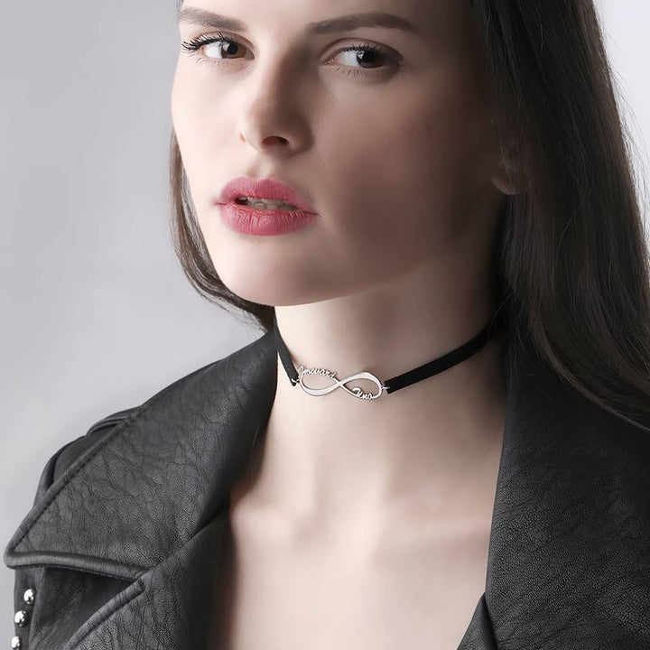 Cissyia.com Black Leather Personalized Infinity Two Names Cut-Out Choker Necklace