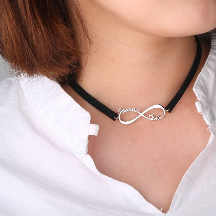 Cissyia.com Black Leather Personalized Infinity Two Names Cut-Out Choker Necklace