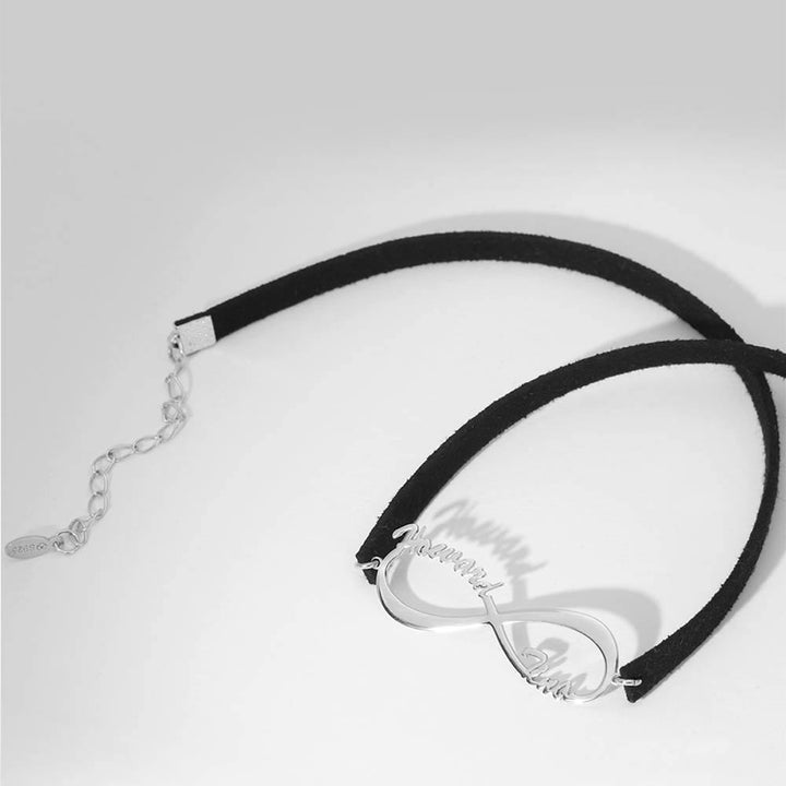 Cissyia.com Black Leather Personalized Infinity Two Names Cut-Out Choker Necklace