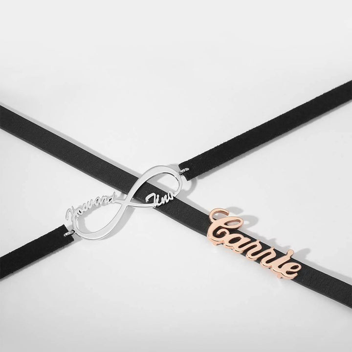 Cissyia.com Black Leather Personalized Infinity Two Names Cut-Out Choker Necklace