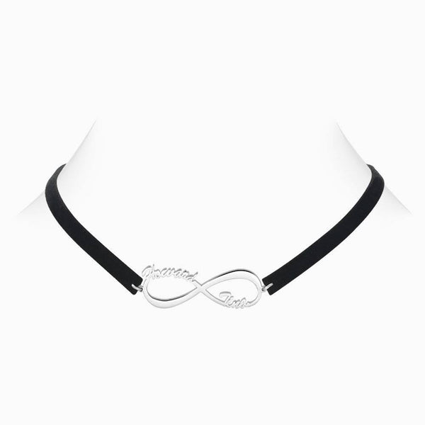 Cissyia.com Black Leather Personalized Infinity Two Names Cut-Out Choker Necklace