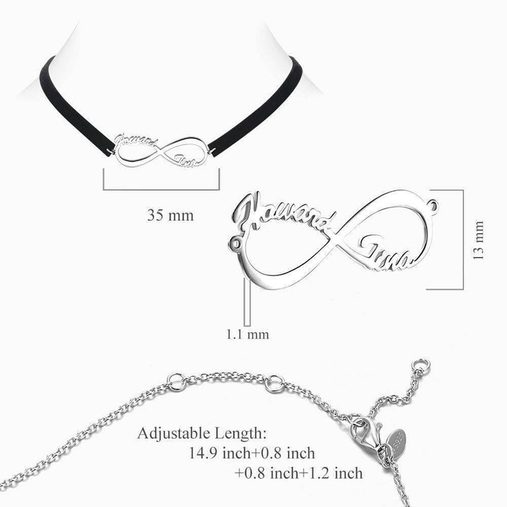 Cissyia.com Black Leather Personalized Infinity Two Names Cut-Out Choker Necklace