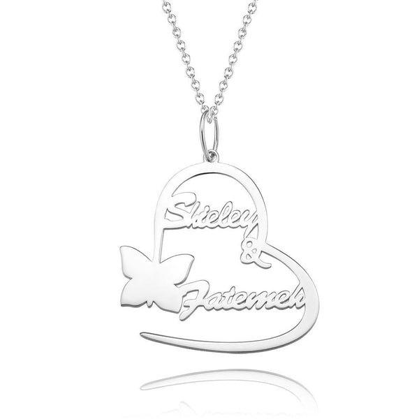 Personalized Heart and Butterfly Two Names Cut-Out Necklace for Couples in Solid Sterling Silver