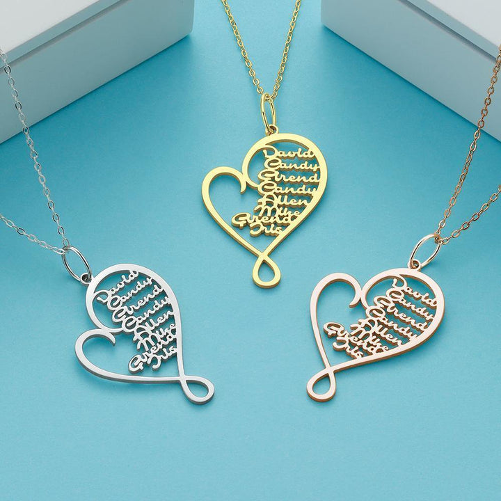Cissyia.com Name Necklace Heart-shaped 1-8 Names Memorial Gifts Silver