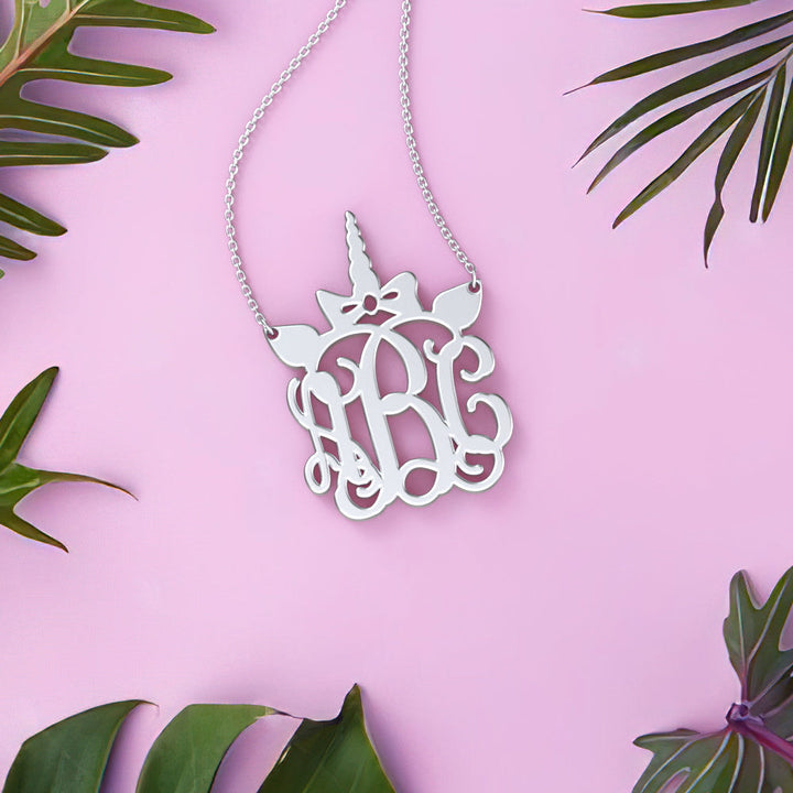 Cissyia.com Rose Gold Plated Personalized Unicorn Horn Three Monograms Pendant Name Necklace