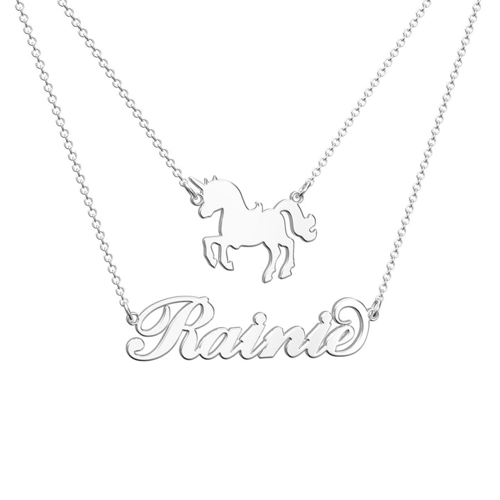 Cissyia.com Rose Gold Plated Personalized Unicorn and Cut-Out Two-Strand Name Necklace