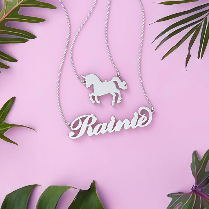 Cissyia.com Rose Gold Plated Personalized Unicorn and Cut-Out Two-Strand Name Necklace