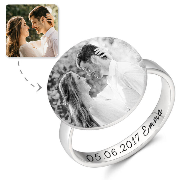 Cissyia.com Sterling Silver Round Shape Engraved Photo Ring, Gift for Her