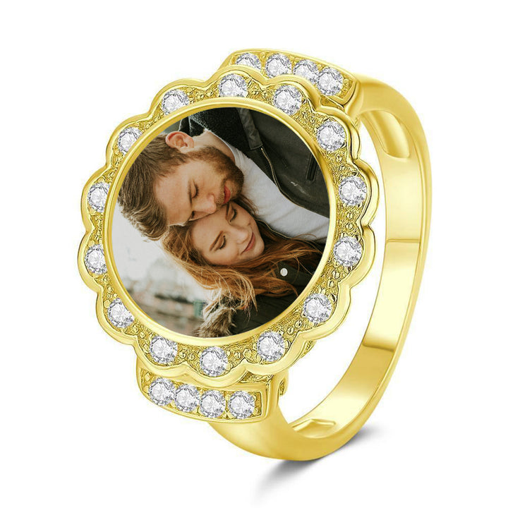 Cissyia.com 14k Gold Plated Round Floral Zircon Photo Ring